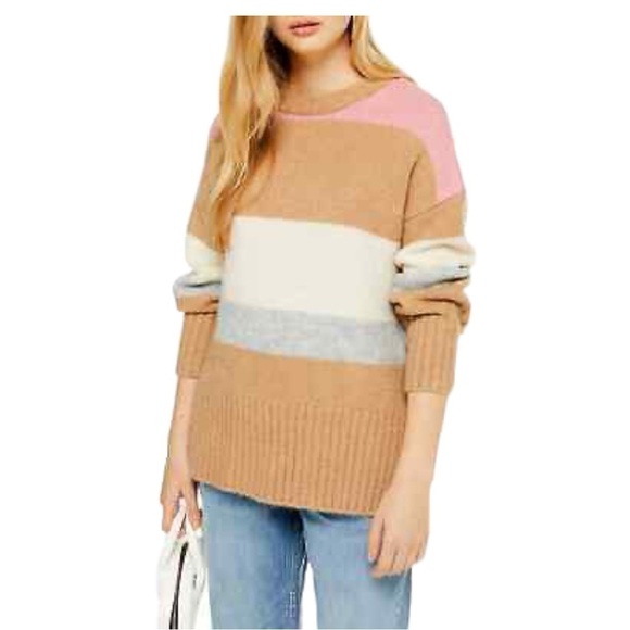 TopShop Multi Colored Striped Neutral Long Sleeve Pullover Sweater 12 - Picture 1 of 10